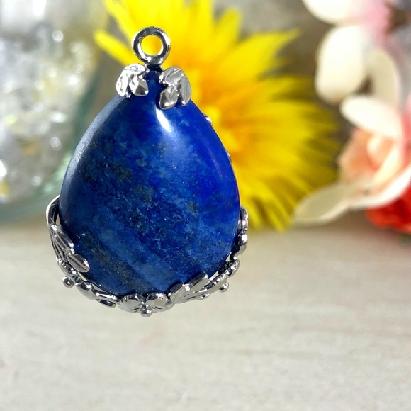 Lapis Lazuli Pendant with Silver Tone Floral Accents - Picture 2 of 3